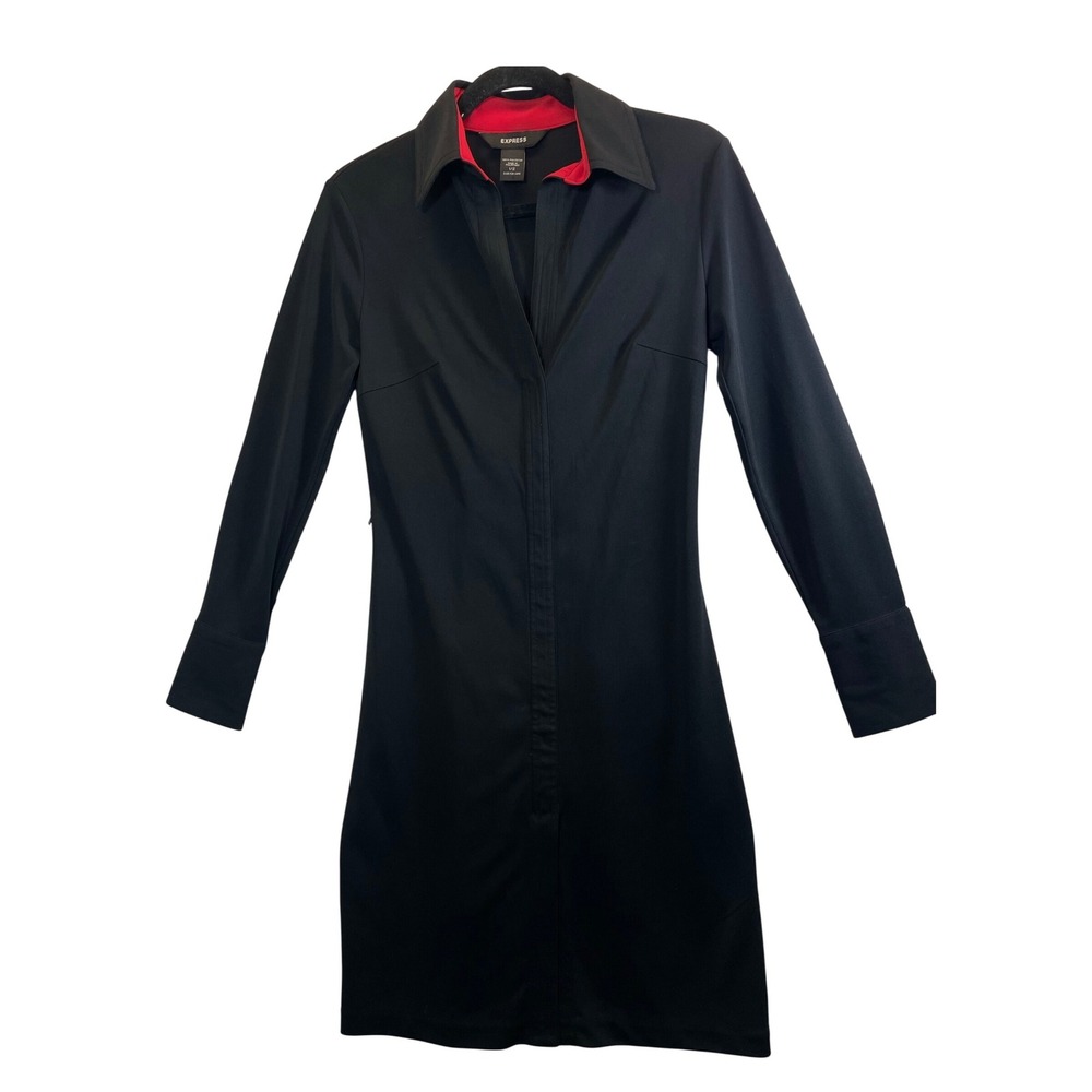EXPRESS Women 2 Black Collared Long Sleeve Button Front Shirt Dress 2 red‎ trim